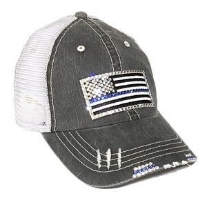 Thin Blue Line Swarovski Crystal Trucker Hat Mesh
